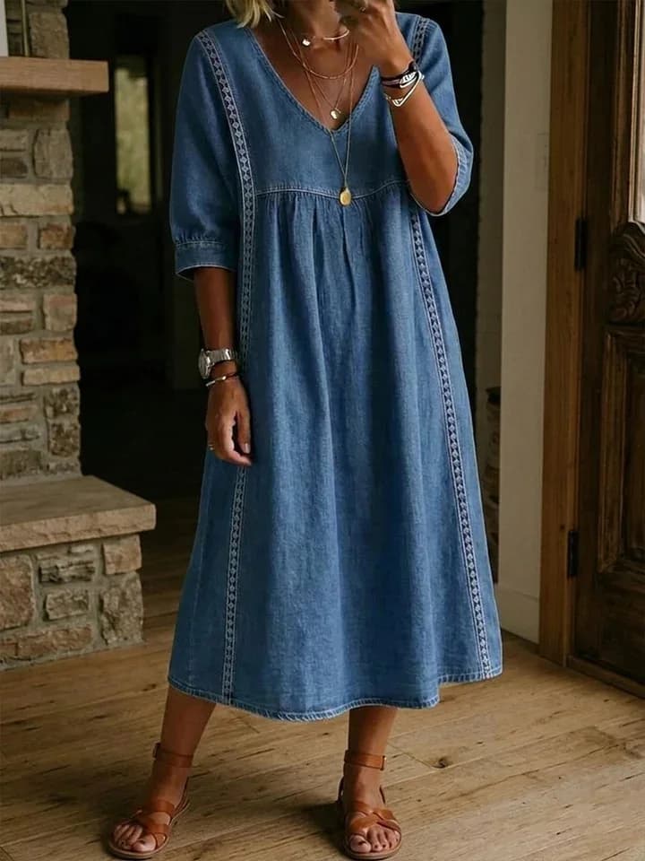 Loose Casual Dress Summer Simple Solid Color Elegant Fashionable Mid-sleeve Lace V-neck Pullover Sleeveless Pocket Long Dresses
