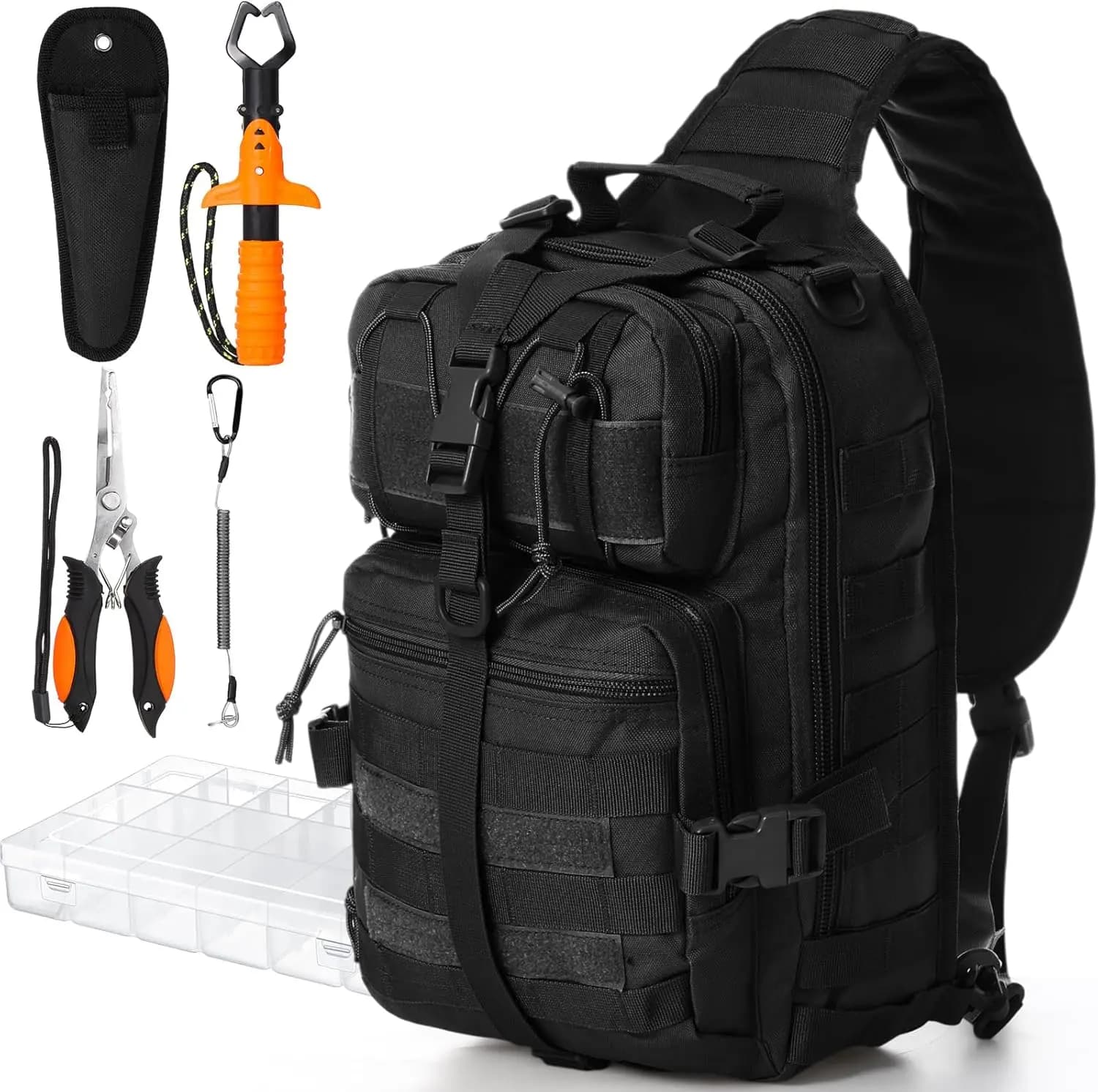 6-piece fishing backpack with rod holder, box, pliers kit and lip gripper - Equipment for men and women