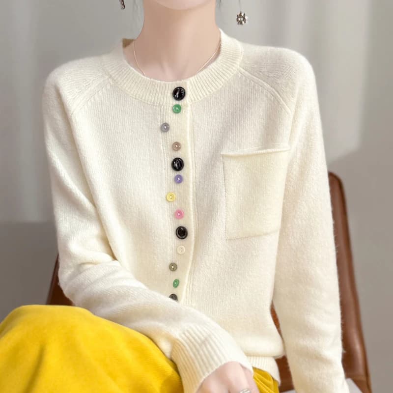 2025 New Fashion Spring O-Collo Cardigan a maniche lunghe da donna 100% lana merino maglione cardigan pulsante colorato top in maglia da donna