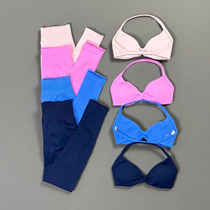 2Pcs HISTELLO Yoga Sets Women Seamless Halter Backless Sports Bra Scrunch Breathable Long Leggings Gym Running Workout Sportwear