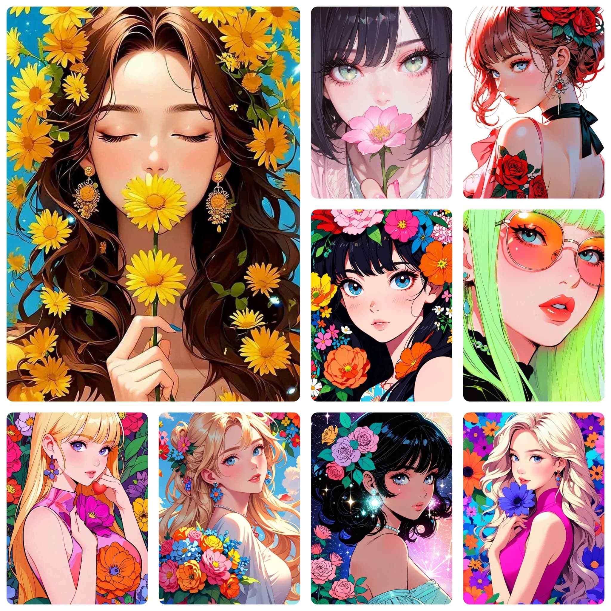 DIY Anime Style Floral Beautiful Young Woman Portrait Diamond Painting Mosaic Handmade Art Exquisite Home Decoration