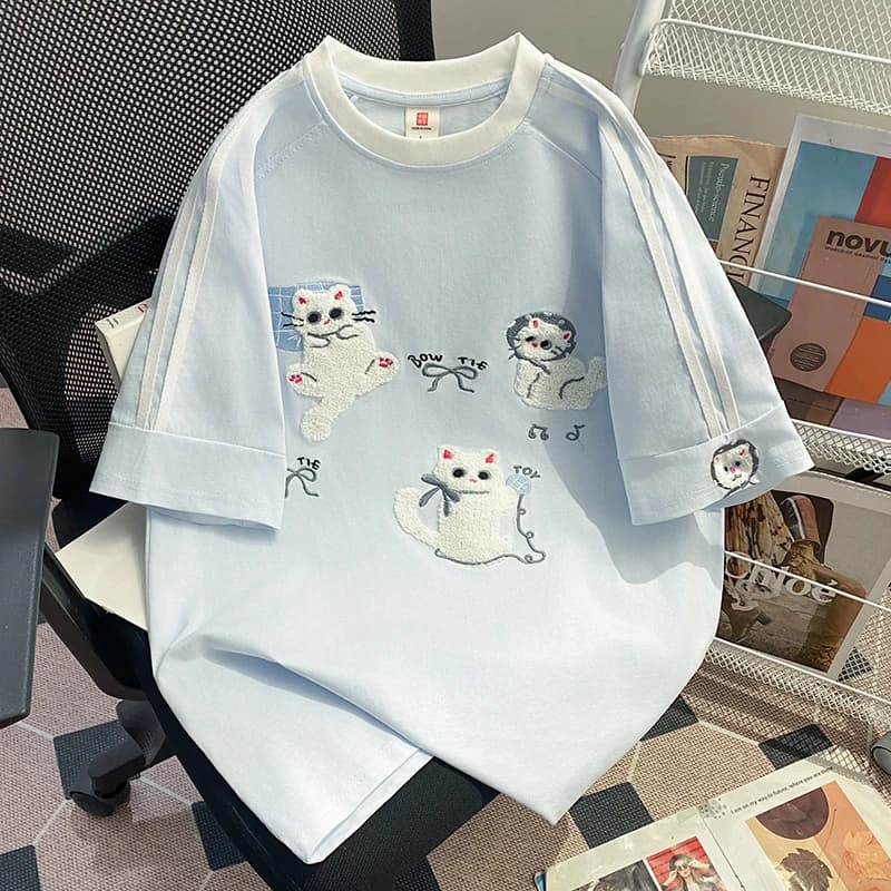 Light Blue Cotton T-shirt with Cute Cat Chenille Embroidery and Striped Sleeves Women's Casual Loose Short Sleeve Top