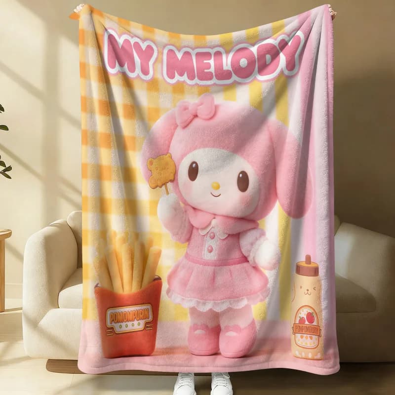 Coperta in Flanella Sanrio My Melody, Stampa 3D Kawaii con Motivi di Snack, Morbida e Accogliente per Ragazze, Ideale per Camera da Letto e Divano, Regalo e Decorazione
