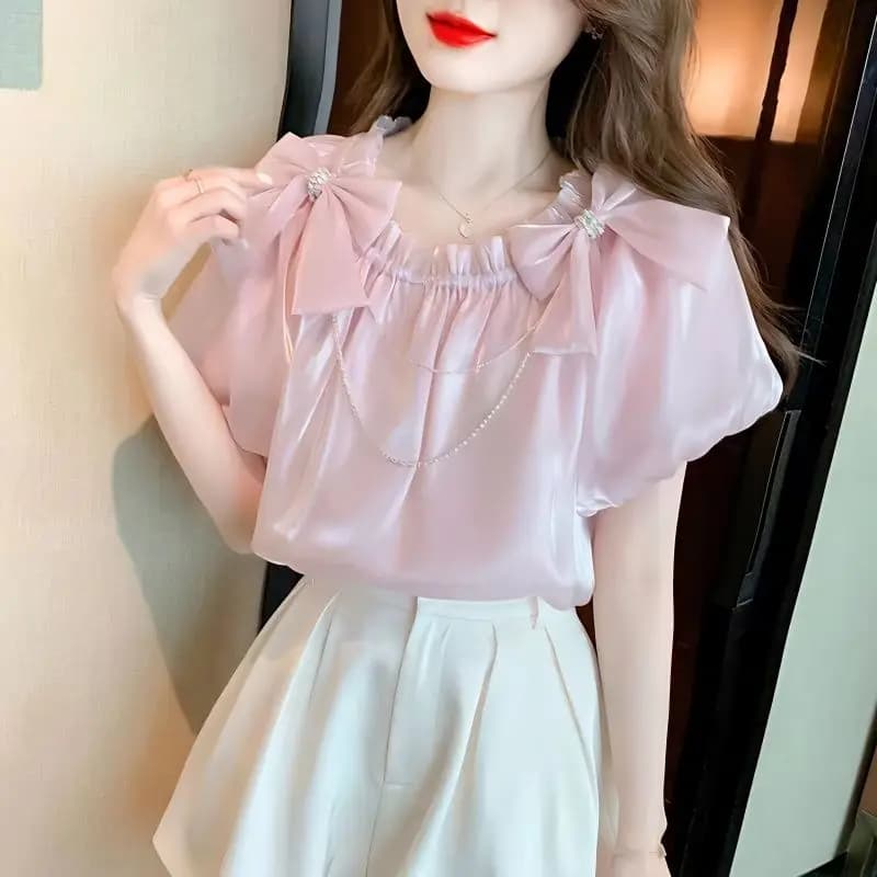 Top da Donna in Chiffon Lucido 2026, Stile Francese Etereo e Dolce, con Spalle Scoperte e Maniche Corte, Design Esclusivo