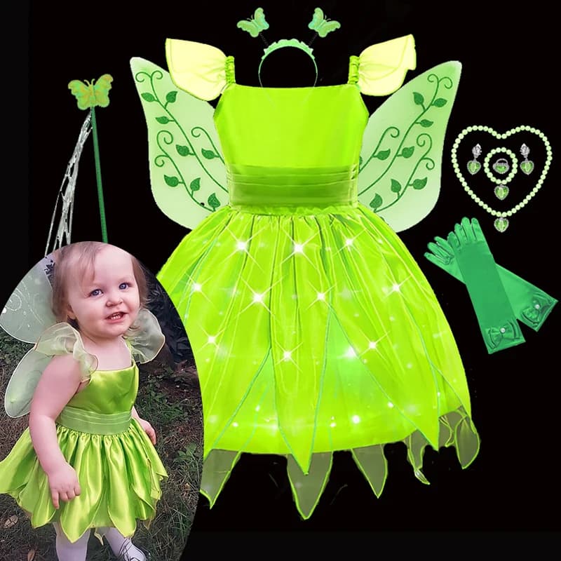 Costume da fata verde per ragazze con luce a LED, per bambini, Purim, carnevale, elfi, festa, costume cosplay, senza maniche, con ala