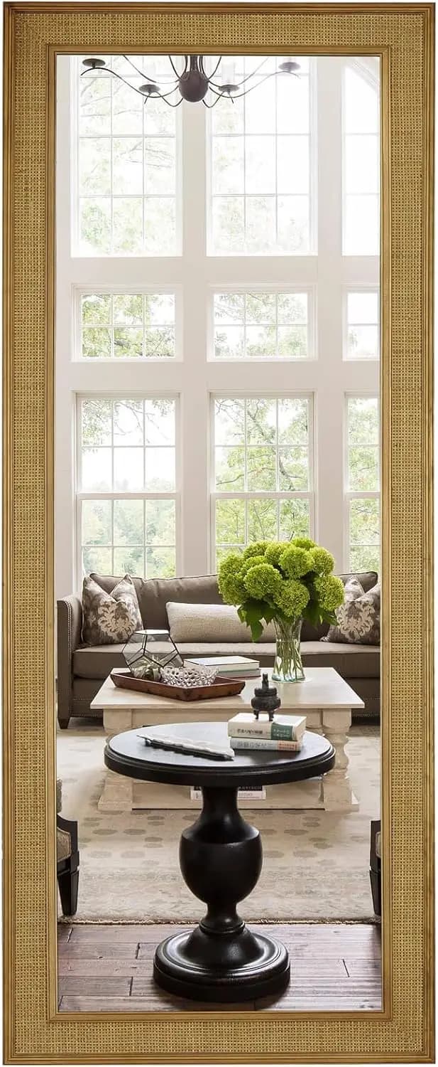 Specchio da parete rettangolare in rattan, 24 x 60 pollici, con cornice in legno per decorazione da parete, bagno, soggiorno, ingresso, stile rustico.