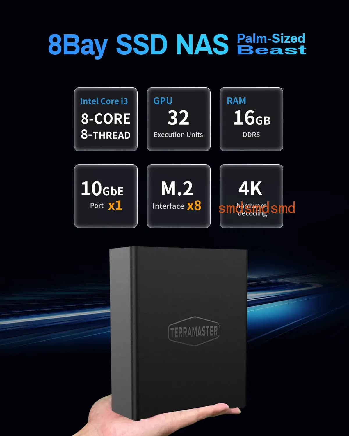 F8 SSD Plus NAS - 8Bay All SSD Core i3 CPU a 8 core e 8 thread, 16 GB di RAM, archiviazione attaccata su rete palmare (senza disco)