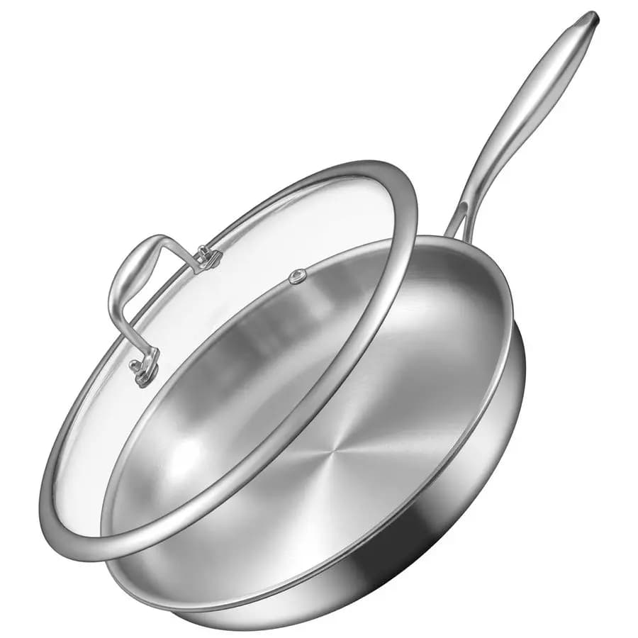 12 inch TriPly stainless steel pan, compatible with all cooking levels up to 600 degrees, large pan with cover, suitable for induction.