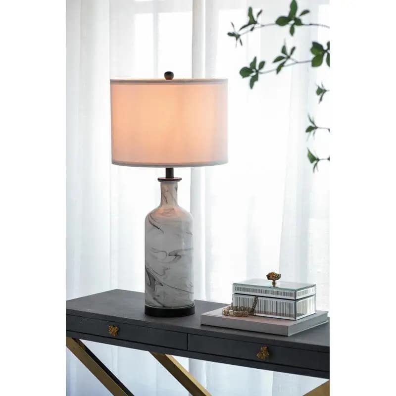 Lampada da tavolo in vetro a spirale grigio e bianco alto 14x14x28,5 pollici con paralume in lino e base in metallo nero