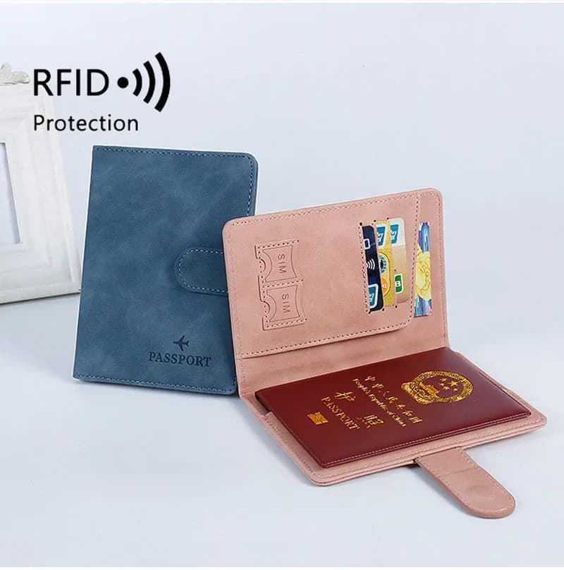 Porta passaporto in pelle impermeabile con blocco RFID Porta carte di credito da viaggio Porta passaporto per donna Uomo Copertina per passaporto con fibbia