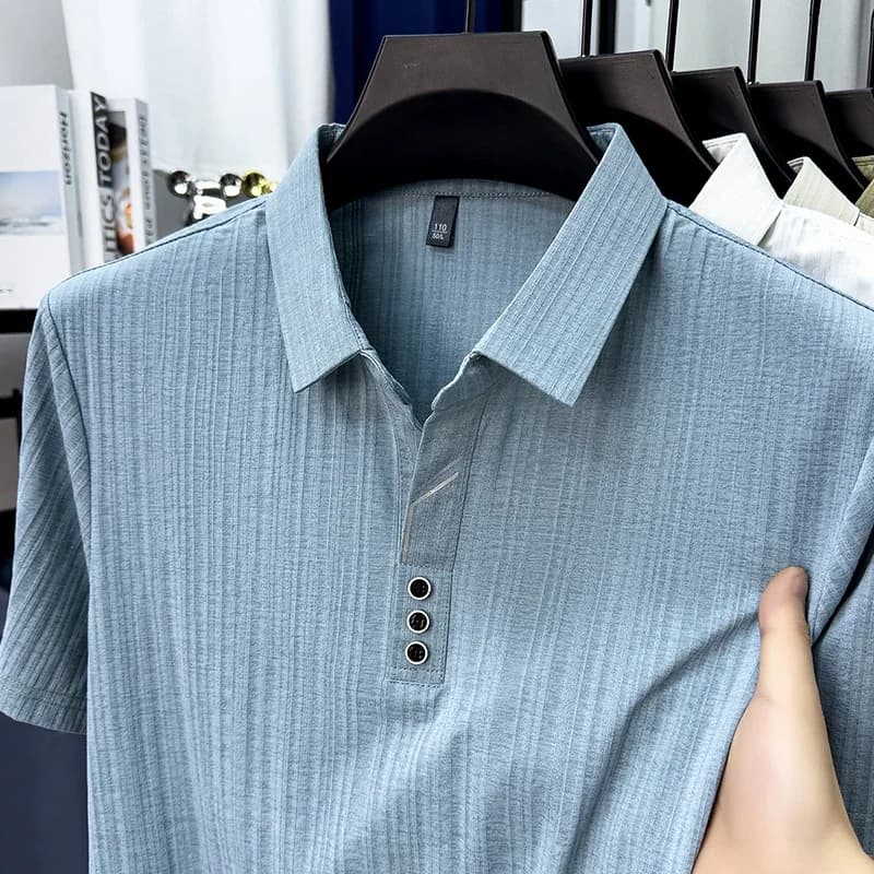 Soft Thin Vertical Grain Polo Tee for Men Lapel Three Button Design Elastic Breathable Fabric Daily Outdoor Shopping Blouse