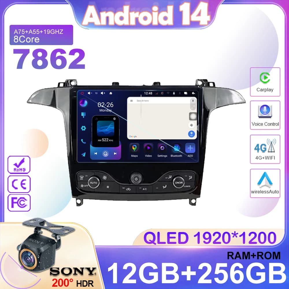 Android 14 Auto radio for Ford S Max S-MAX 2006-2015 for Ford Galaxy 2014 Carplay player Video multimedia GPS navigation No 2din