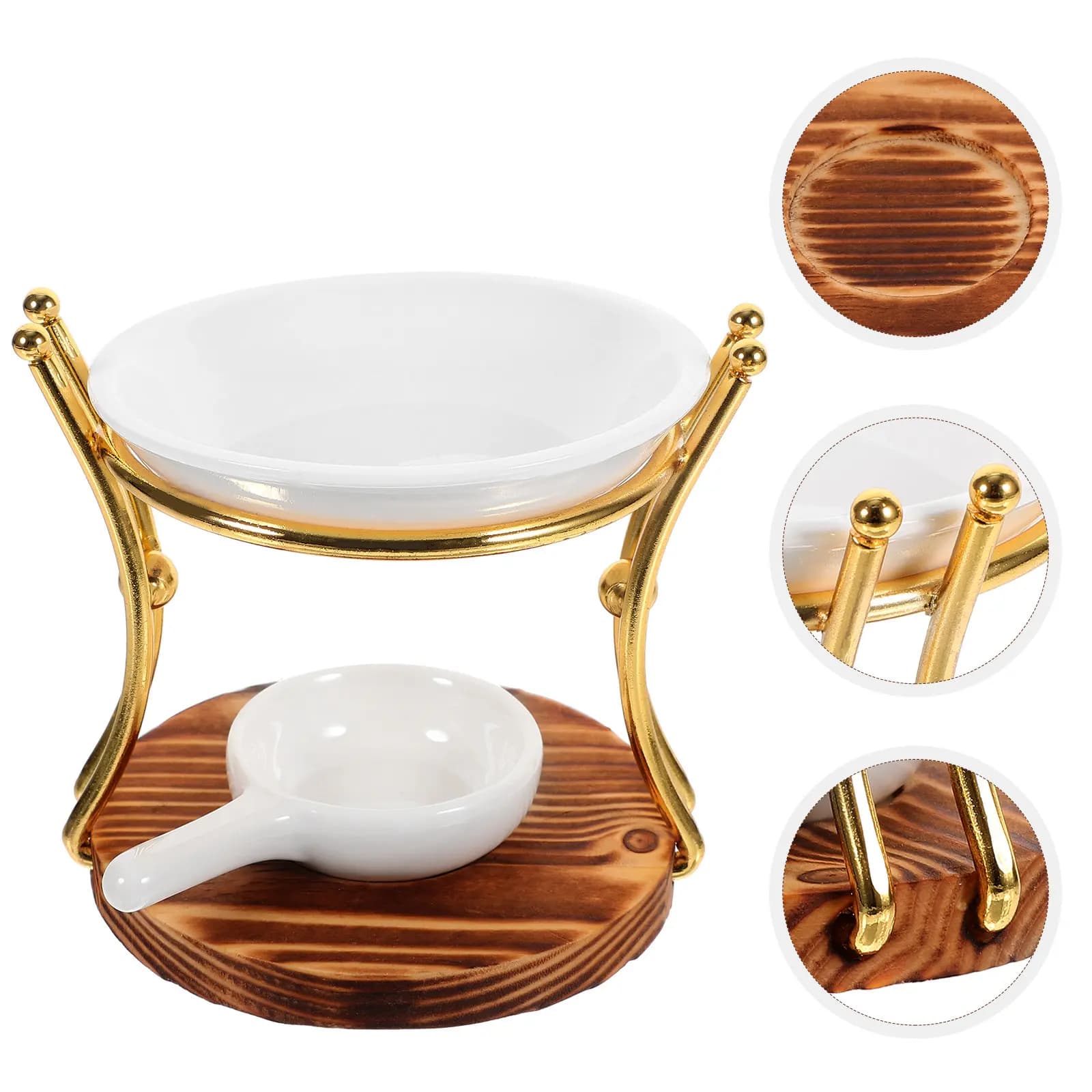 Set di 1 Bruciatore in Ceramica, Legno e Ferro per Aromaterapia, Scaldatore di Oli Essenziali, Portacandele Tealight, Diffusore di Cera Profumata, Decorazione da Tavolo per Aromi
