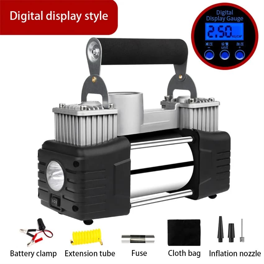 Compressore d'aria portatile 12V ad alta potenza per pneumatici auto, doppio cilindro, per impieghi gravosi