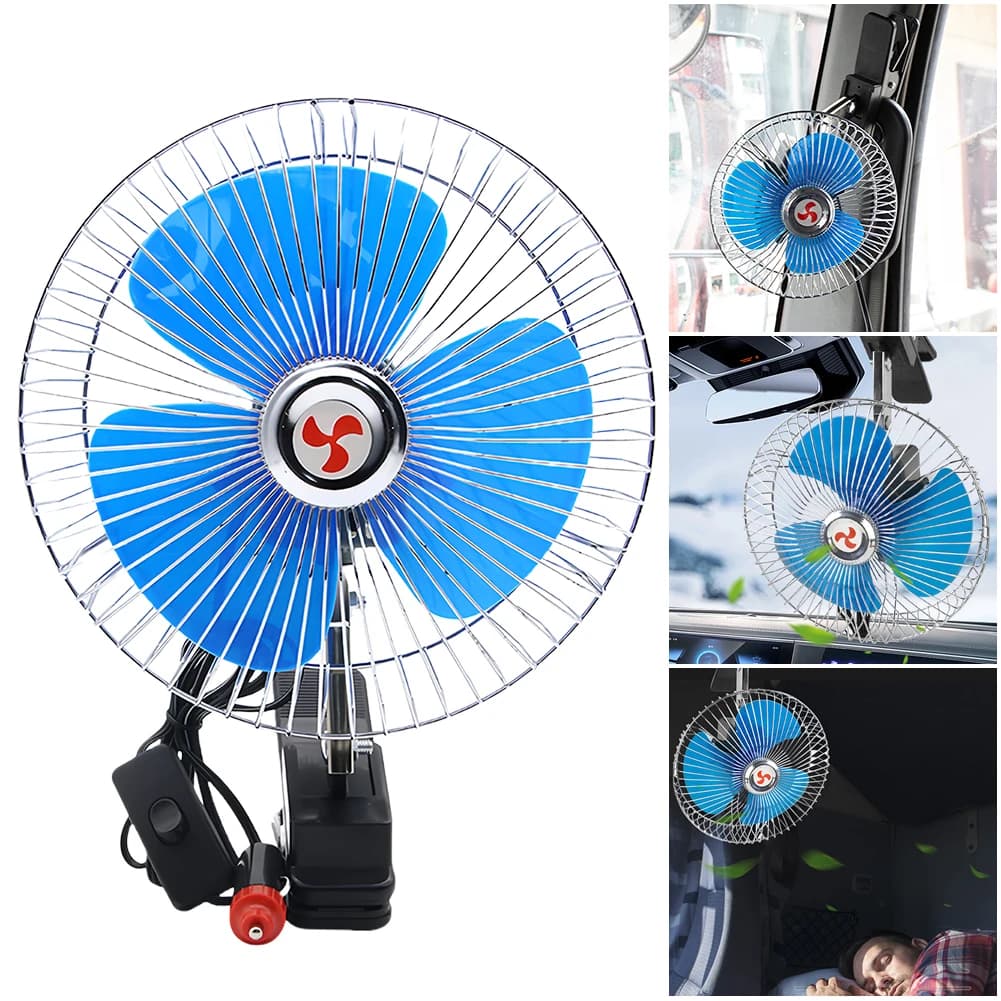 Ventilatore Oscillante per Auto 12/24V con Griglia di Protezione in Metallo, Ventilatore Portatile per Raffreddamento Auto, Rotazione per Camion e Veicoli, Forte Flusso d'Aria, Regolabile
