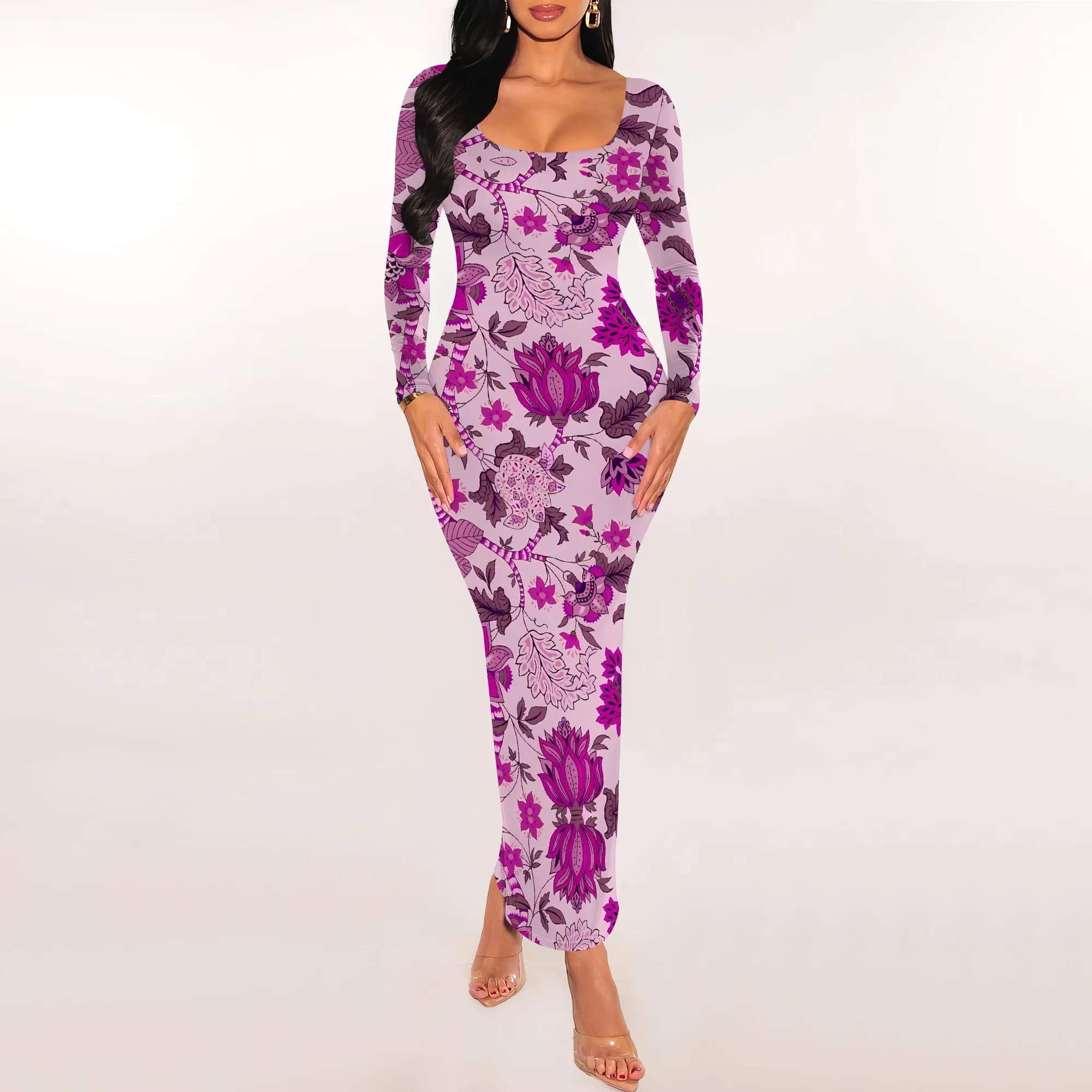 Abito lungo da donna con stampa geometrica a maniche lunghe nero bianco da sera casual
