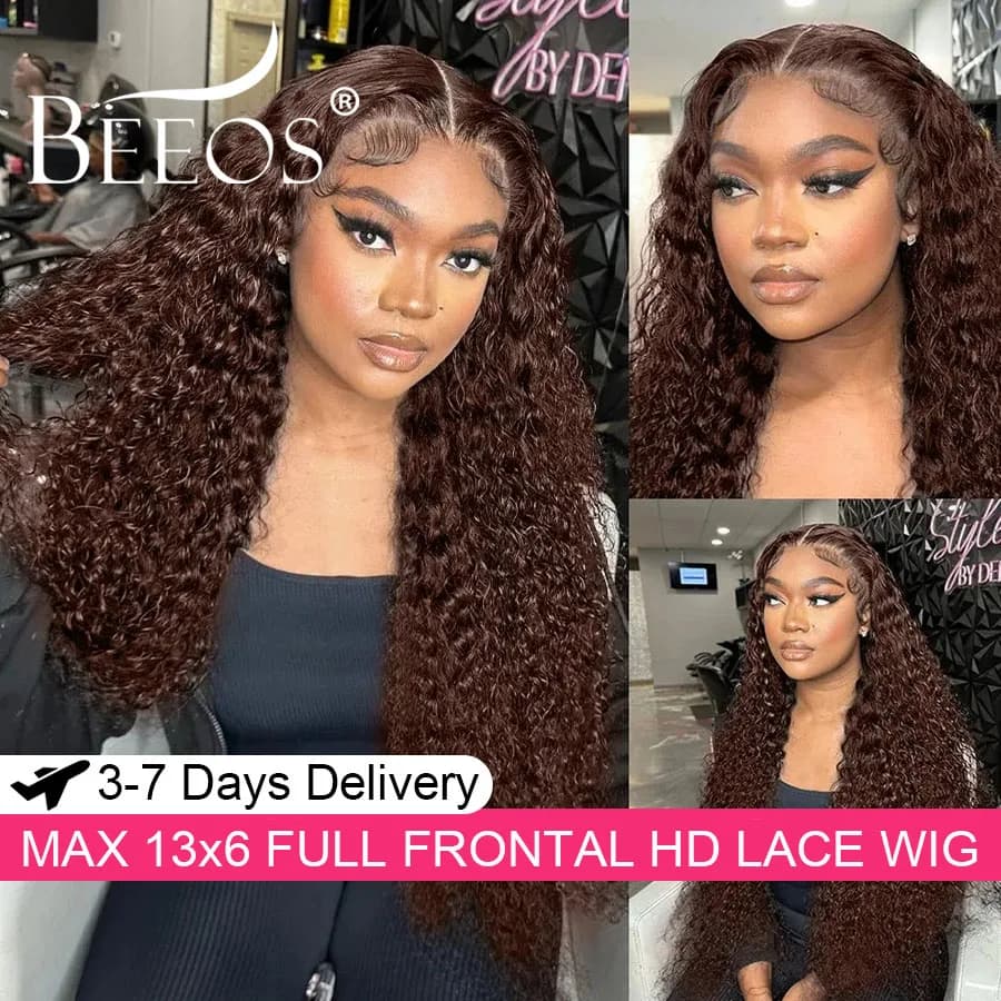 Ultra Fitted Dark Brown 13X6 HD Transparent Lace Full Frontal Wigs Human Hair Water Wave Colored Curly Wigs 100% Human Hair Remy
