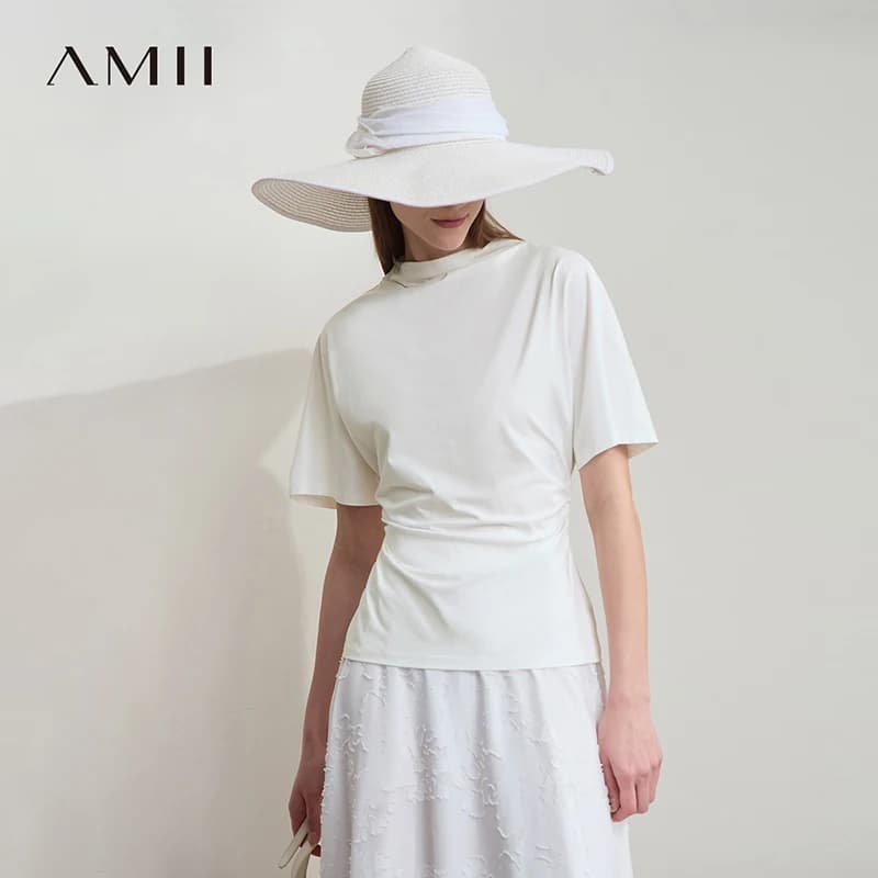 Amii Top Donna 2026 Estate Nuova T-shirt Elasticizzata Elegante Slim Fit Versatile a Maniche Corte con Collo a Mezzo Girocollo 12612022