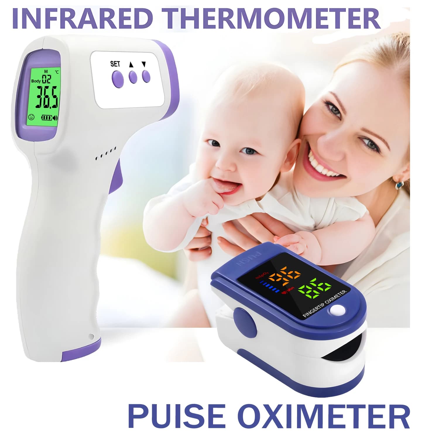 Non Contact Infrared Thermometer & Fingertip Pulse Oximeter, Digital Forehead Fever Thermometer Blood Oxygen Saturation Monitor