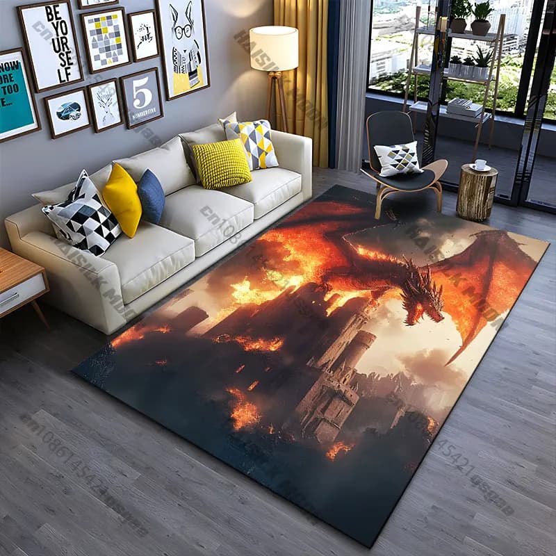 Carpet with dragon that attacks and fires the medieval castle, yoga carpet, decoration for living room, baby mat, zerbino, carpet for play area