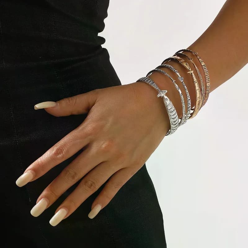 Set di 3 Bracciali Vintage in Metallo Sovrapposti per Donne, Stile Etnico con Motivo a Pesce, Accessorio per Feste, Gioielli per Coppie