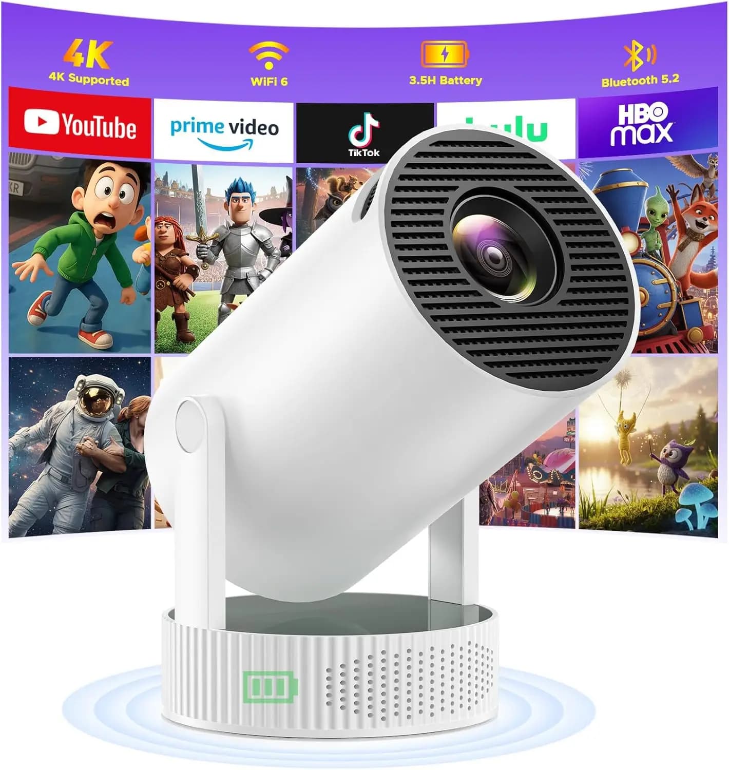Mini proiettore portatile con batteria integrata, WiFi, Bluetooth, supporto 4K per film all'aperto e intrattenimento domestico