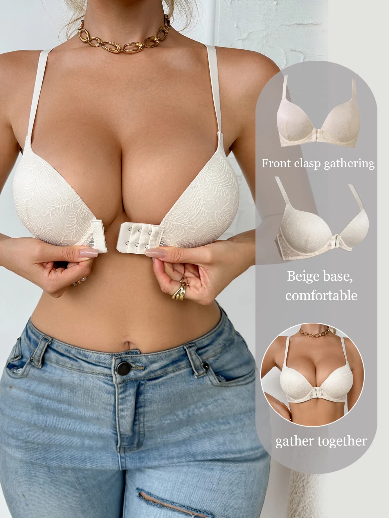 Women's Front Closure Push-Up Bra Lace Back Underwire Lingerie with Adjustable Straps Bra