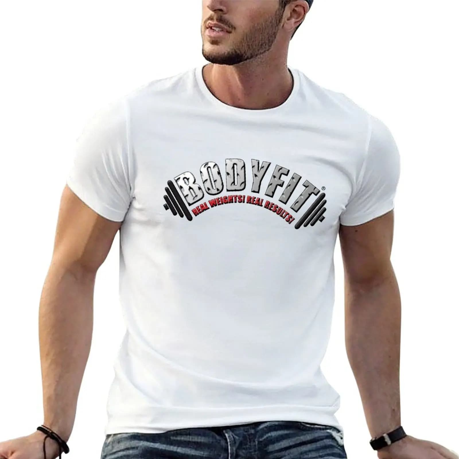 T-shirt BODYFIT Diamond Plate Real Weights Real Results con logo, stampa personalizzata, t-shirt in cotone da uomo, 100% cotone.