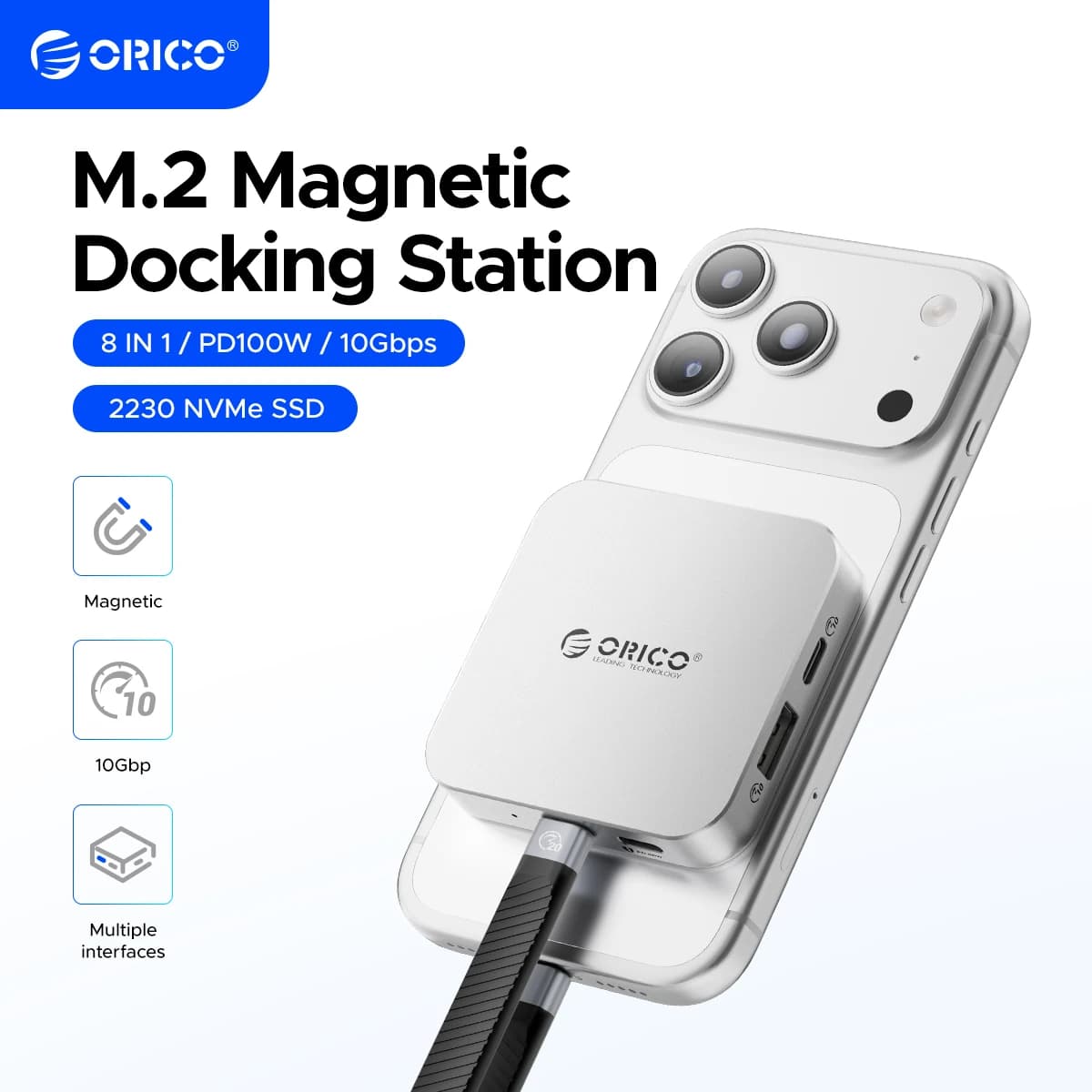 ORICO Magnetic M.2 2230 NVMe SSD Enclosure 10Gbps USB C Docking Station with 4K60HZ HDMI-COM SD/TF PD 100W Charger for iPhone 17