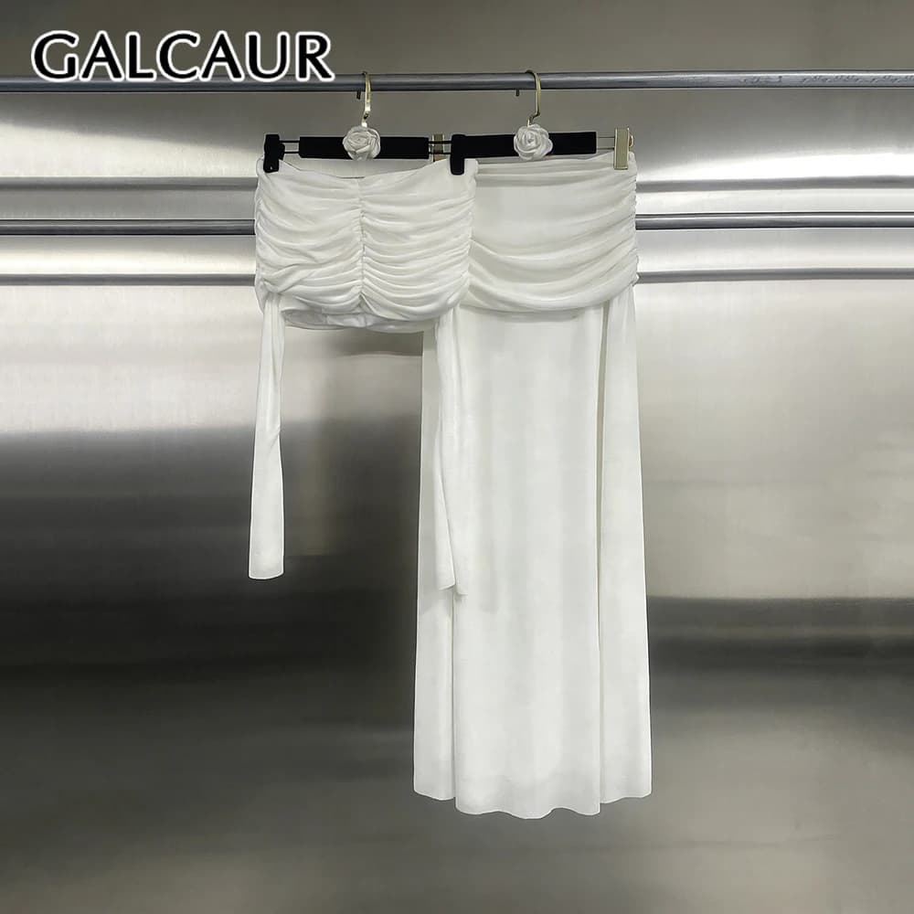 GALCAUR Solid Spliced Folds Two Piece Set Female Slash Neck Long Sleeve T Shirt Elegant Minimalist Women's Skirt Sets Fashion