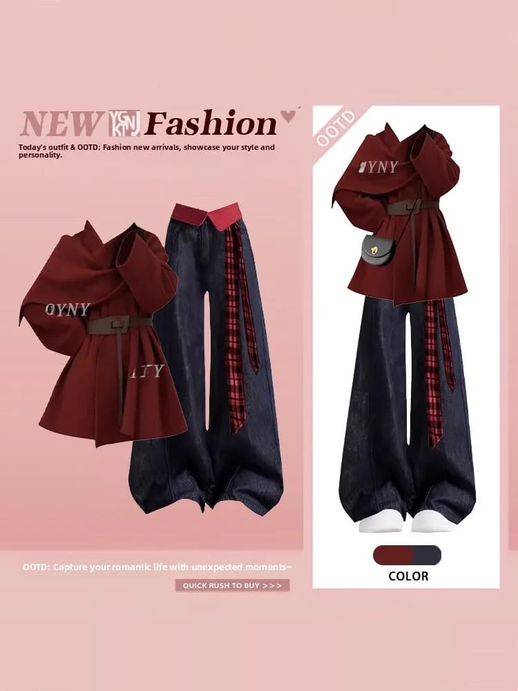 Maglione con cappuccio da donna Winter Faion e jeans a vita alta Set da due pezzi Color Blo Maglieria casual Sle Long Sve