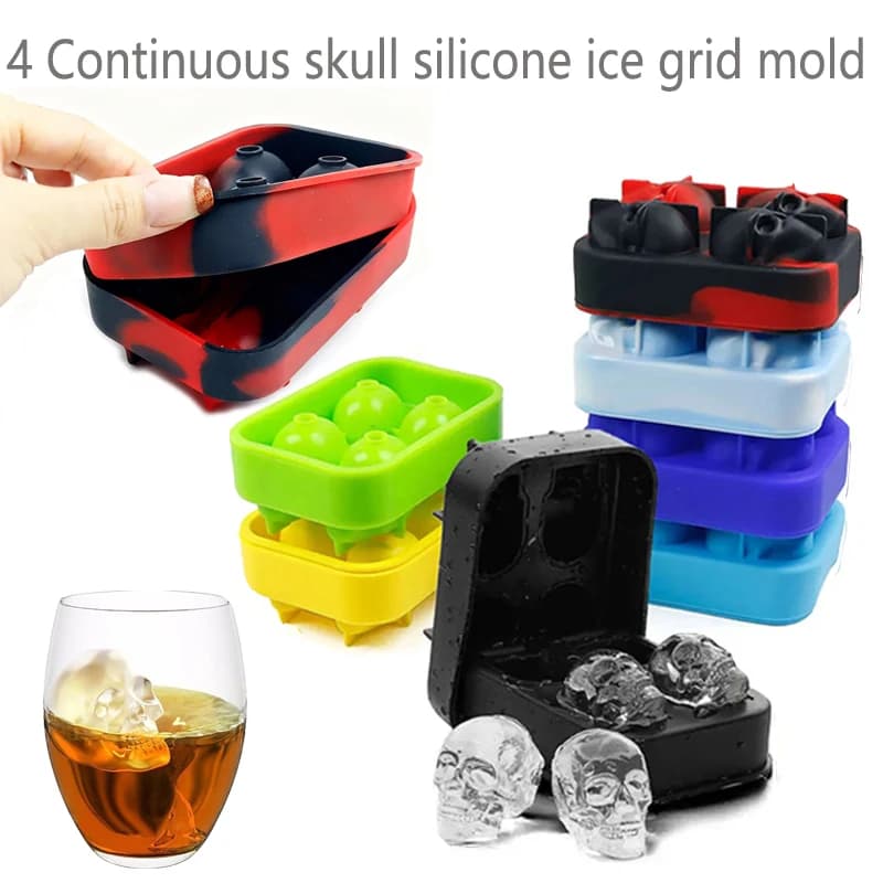 Stampo in silicone a forma di teschio per ghiaccio, 4 cavità continue, per whisky, cocktail, bar e feste - 1 pezzo
