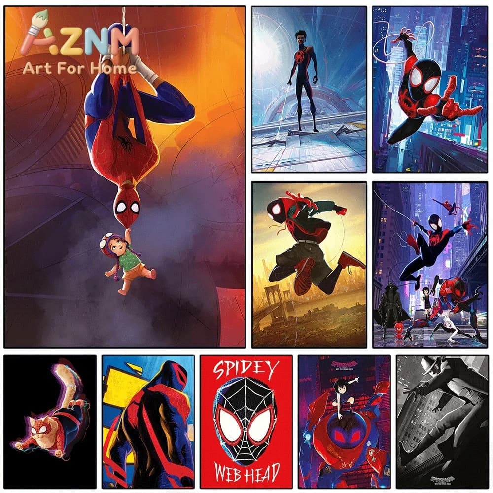 2D Flat Posters & Prints,Spider-Verse Miles Morales City Scene Canvas Wall Art,2D Flat Frameless Superhero Comic Print,Home De
