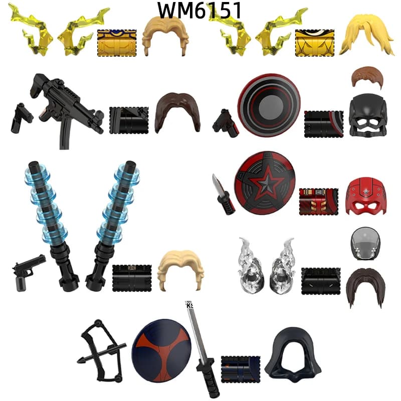 The WM6151 Stick Shield Sword Bow Arrow Knife Action Figures Weapons Pants Hair Parts Model Blocks MOC Bricks Set Gifts Toys