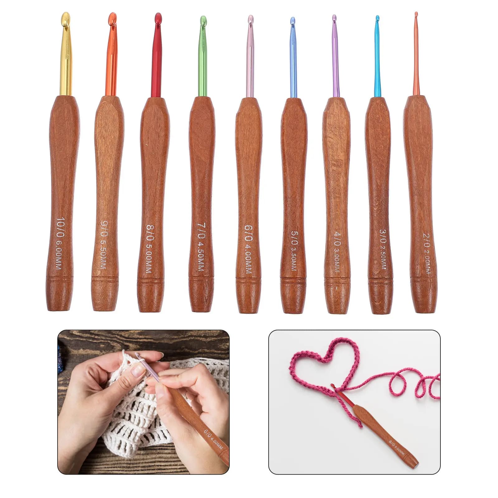Set di 9 Uncinetti in Legno e Alluminio con Manico in Legno Rosso, Superficie Liscia e Impugnatura Confortevole, Aghi per Uncinetto per Principianti, Lavorazione Maglioni