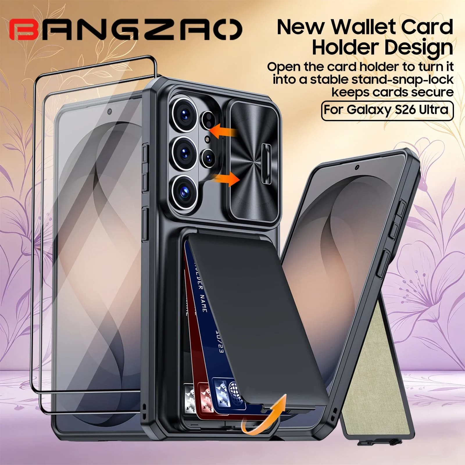 Custodia per Samsung Galaxy S26 Ultra con slot per carte RFID e protezione per obiettivo, cover antiurto - Ottima idea regalo per la Festa della Mamma - Nera