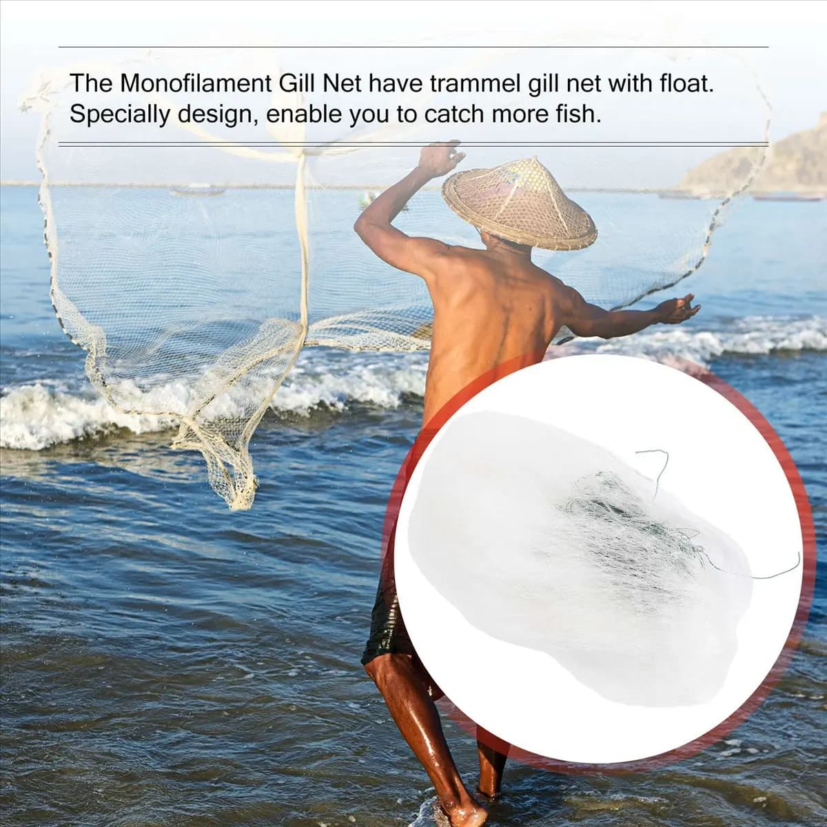*N21R Rete da pesca con monofilamento verde bianco trasparente da 25 m con galleggiante