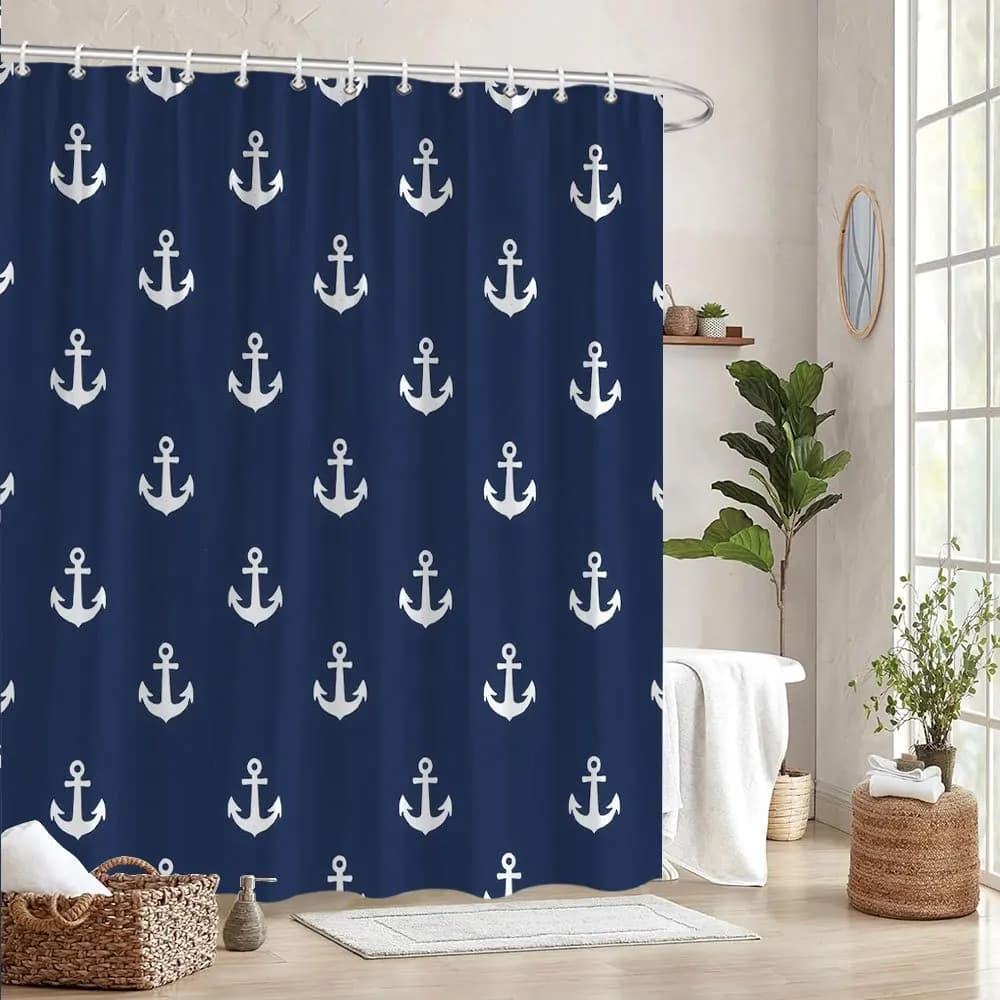 Tenda da doccia con ancoraggio blu navy - Tema nautico classico, Ancore bianche su blu intenso, Poliestere con 12 ganci,
