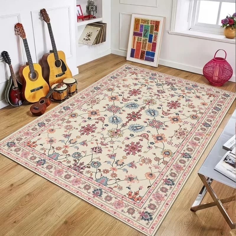 Tappeto Persiano Beige con Motivo Floreale, Classico ed Elegante, Antiscivolo, per Decorazione Casa, Soggiorno, Interni