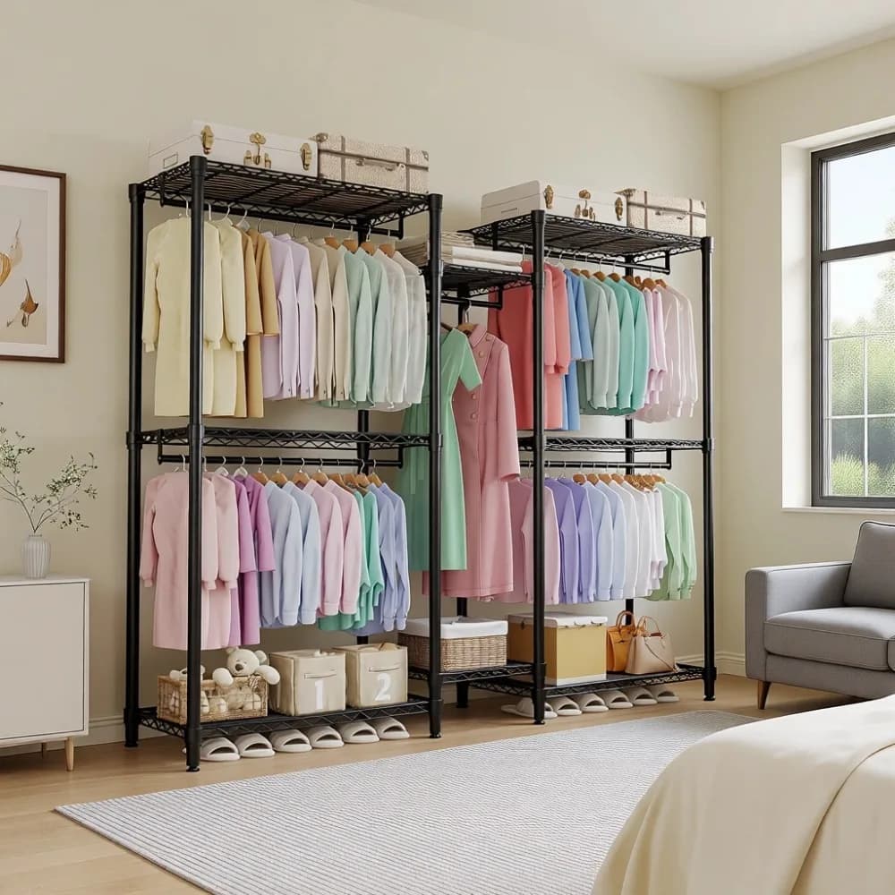 Heavy Duty Freestanding Clothes Rack 8 Wire Shelves 5 Hanging Rods Adjustable Closet Organizer Portable Wardrobe Storage
