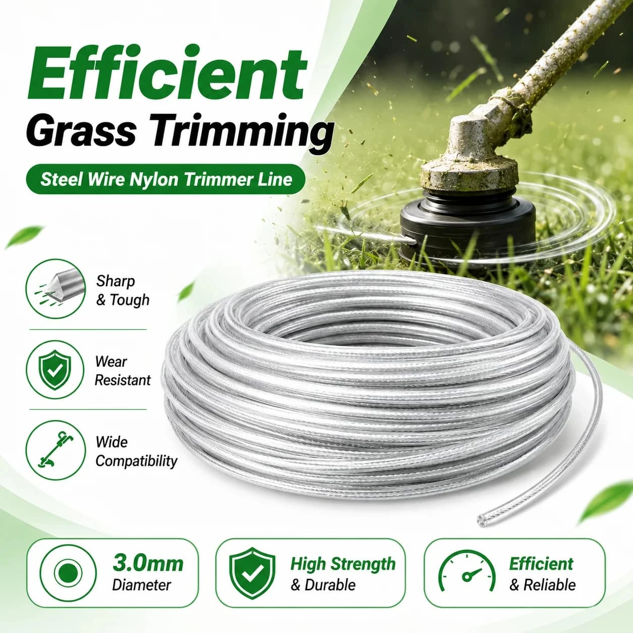 5M/10M/15M Steel Wire Nylon Trimmer Line, Brushcutter Rope, Lawn Mower Cord, Durable Round Grass Cutting Replacement Roll