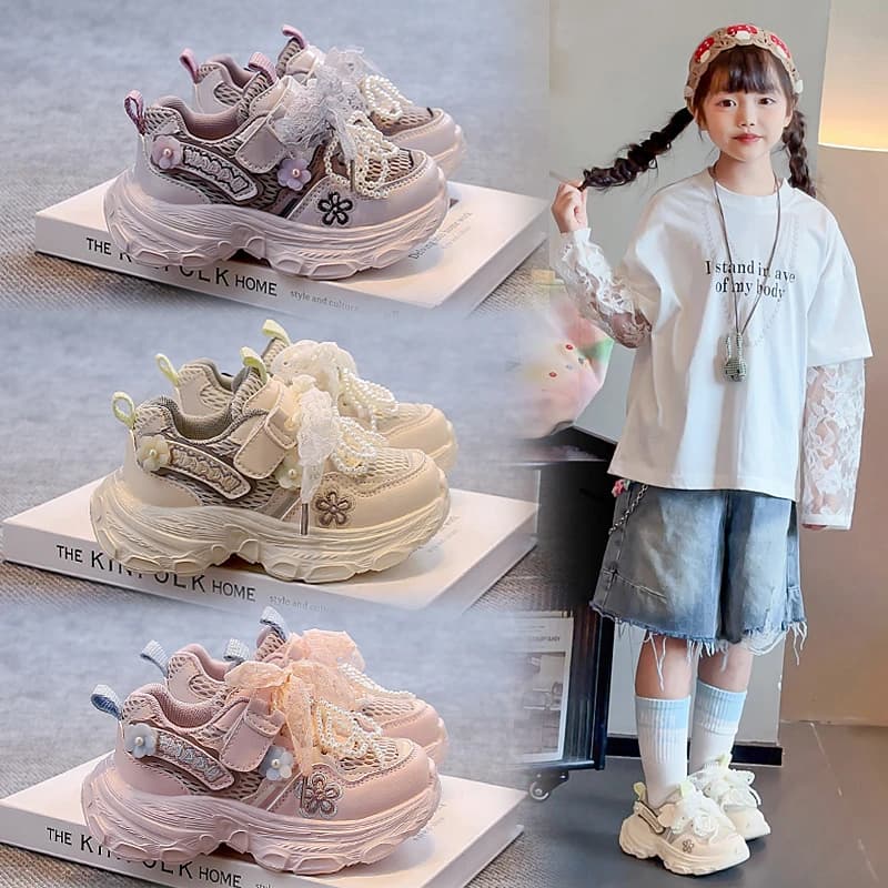 Scarpe da ginnastica da principessa per ragazze Dolce pizzo con perline Archi Scarpe sportive per bambini Mesh traspirante 2025 Autunno Nuove scarpe da corsa per bambini Morbide
