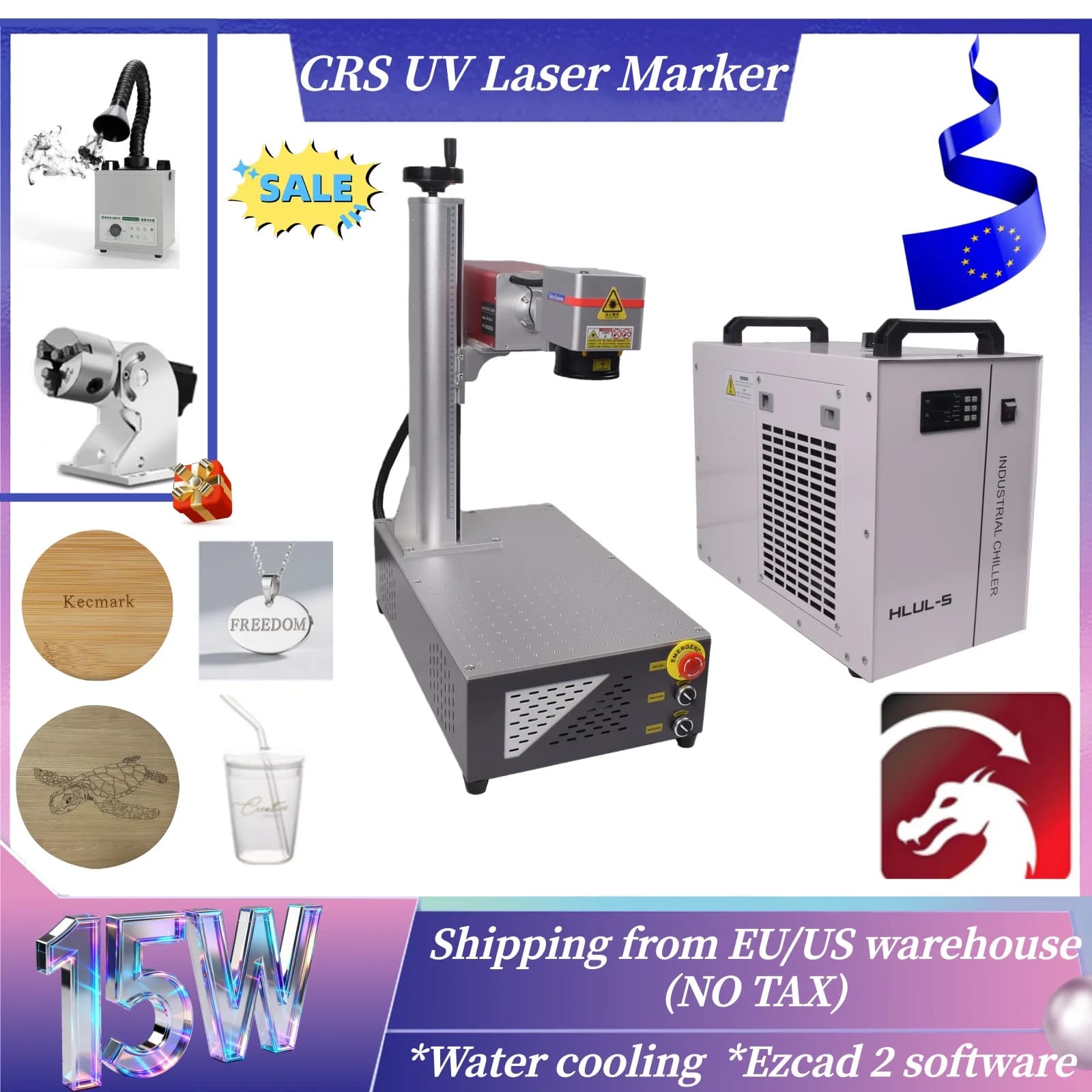 [NESSUN TAX] 15 W 355nm UV CRS Laser Marking Machine High Precision Water Cooled Laser Engraver for Metal, Wood, Plastic, Acrylic Glass