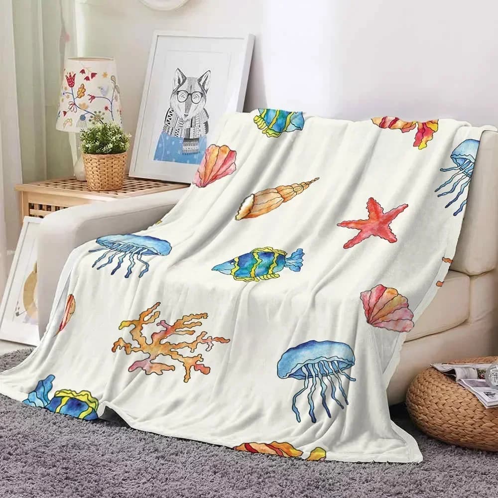 Fish Flannel Throw Blanket Jellyfish Ocean Animals for All Season Gift Couch Sofa Living Room Queen Size Lightweight Boys Girls