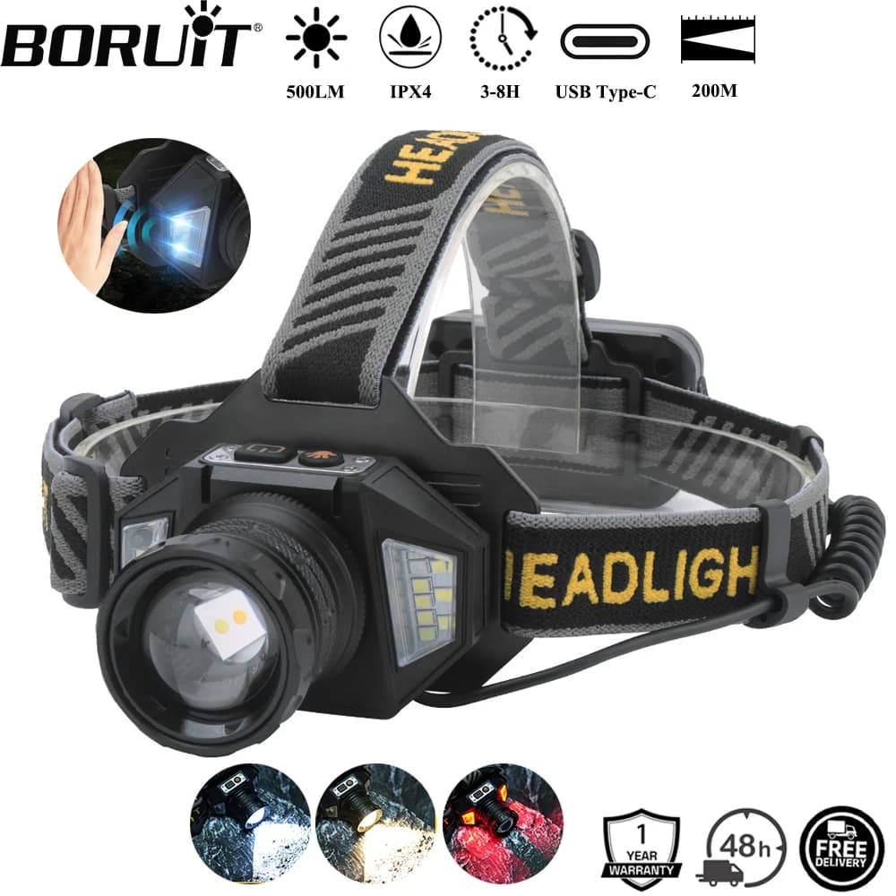 BORUiT T503A 500LM Motion Sensor LED Zoom Front Lamp Type-C Rechargeable Power bank Waterproof camping light Front torch