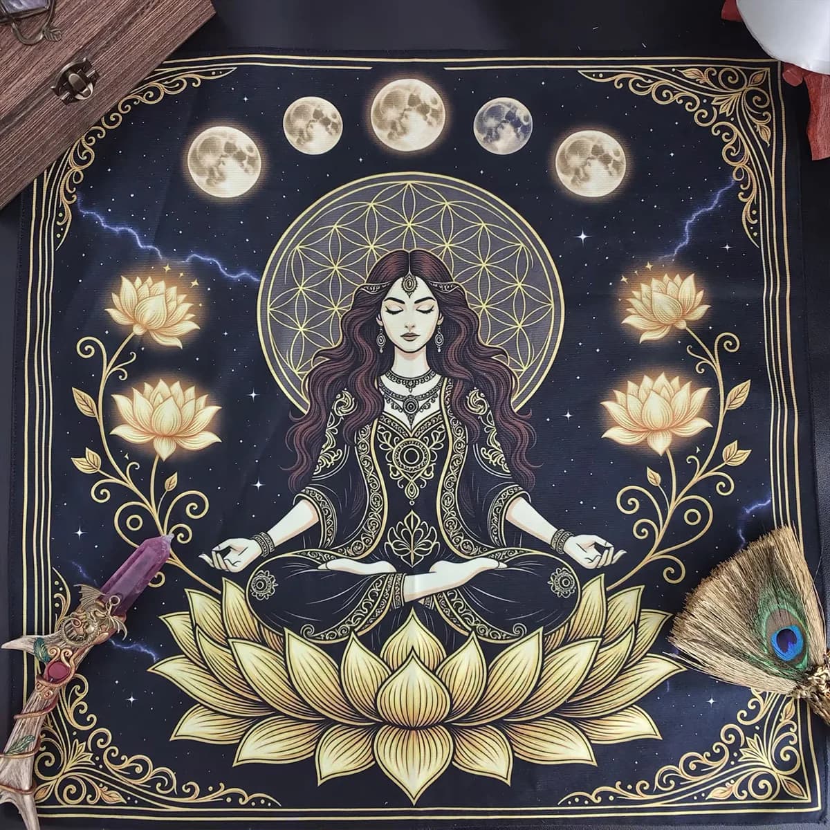 Mystical Moon Phase & Cosmic Goddess Tarot Tablecloth Golden Lotus & Chakra Altar Cloth For Decor Spiritual Oracle Card Pad
