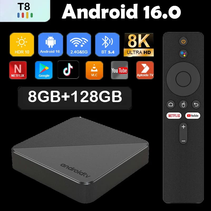 Box TV Smart Android 16 2026 T8 RK3518 Wifi6 con Assistente Google, Video 8K, BT6.0, Netflix, 8GB 128GB, Lettore Multimediale Ultra Veloce