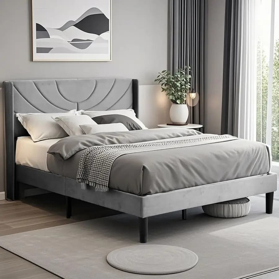 Base letto matrimoniale imbottita con testiera in tessuto, supporto a doghe in legno, non richiede rete a molle, colore grigio scuro
