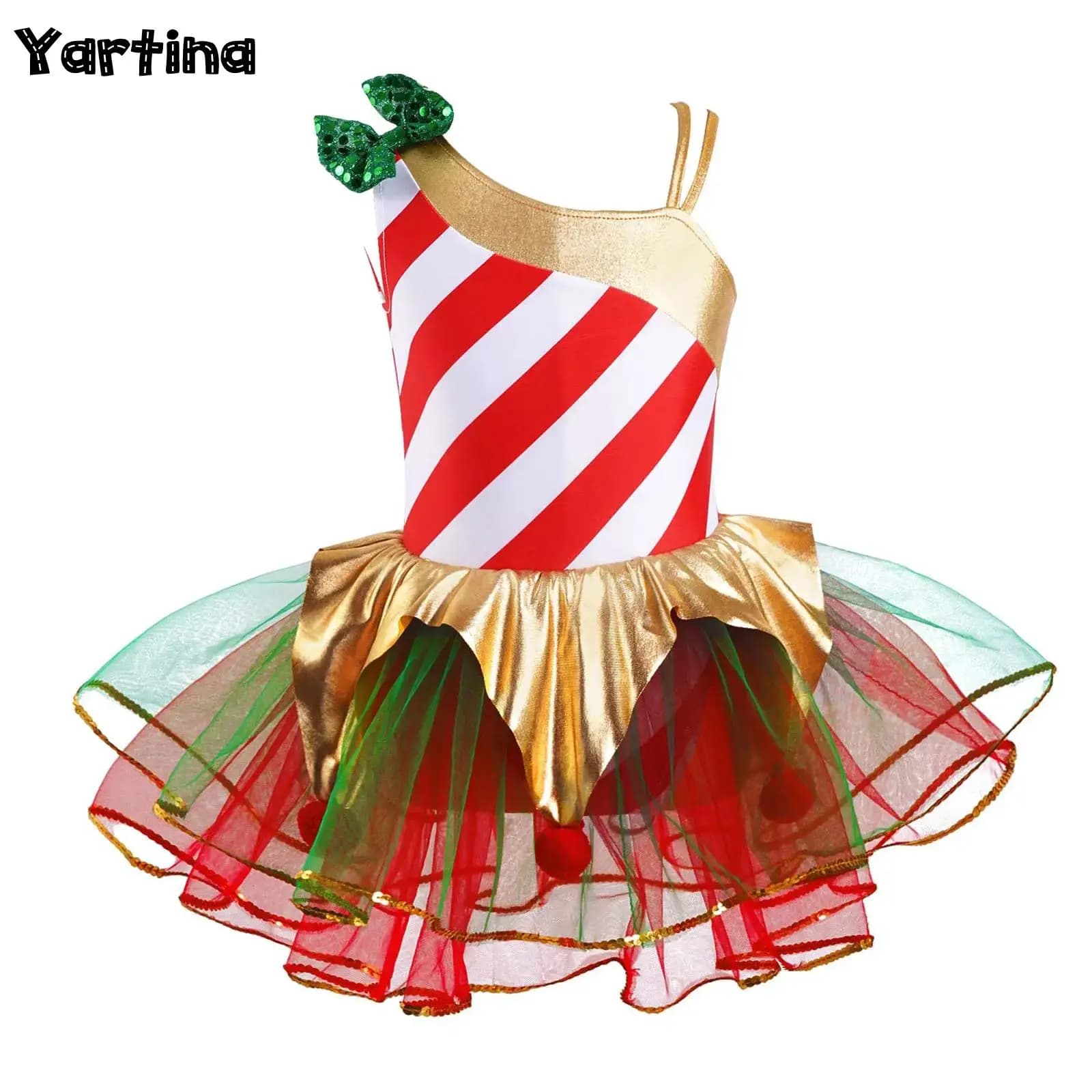 Ragazze Elfo Natale Candy Cane Costume Cosplay Ginnastica Figura Pattinaggio su ghiaccio Abito Stampa Paillettes Maglia Balletto Body Abito da ballo