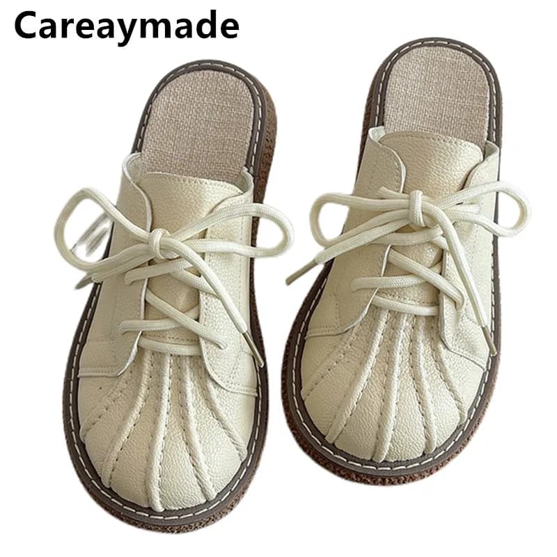 Careaymade-Fashion Trends Literature Art Summer Lazy Flat Shoes Comfortable Slippers Women's Leisure Lace up Little White Shoes